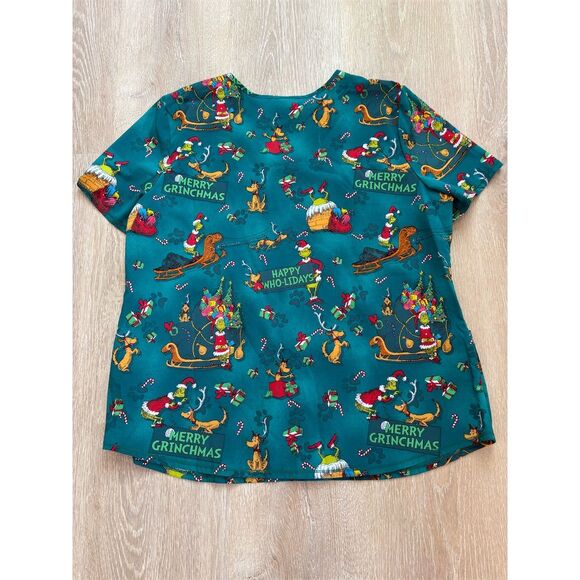 Dr. Seuss Grinch‎ "Merry Grinchmas" V-Neck Scrub Top XL Green Holiday - Picture 4 of 4